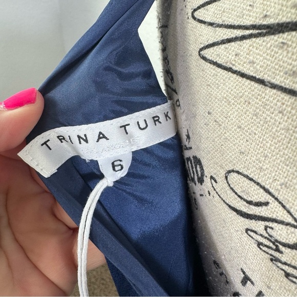 Trina Turk Alana navy‎ swing size 6 mock pleat Elegant Navy Fringe Dress nwt - Picture 5 of 14